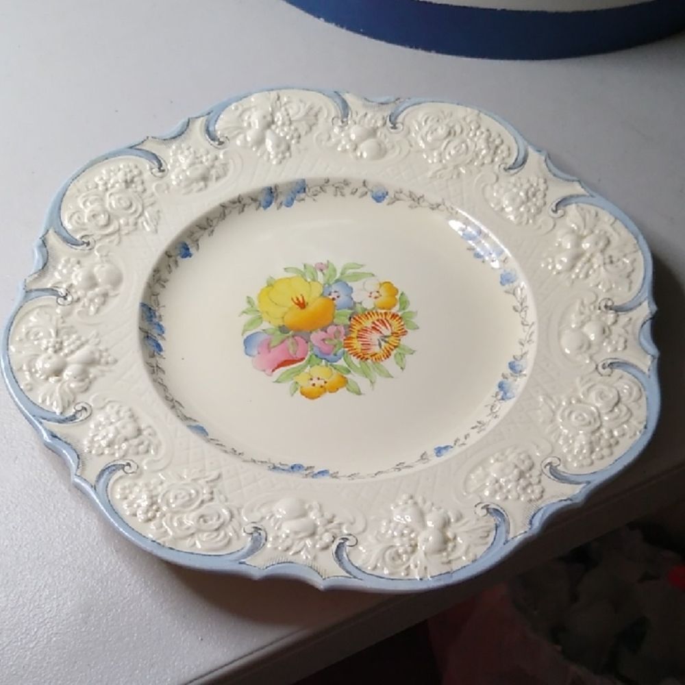 Vintage Crown Ducal  Floral Embossed Cream and Blue Plate